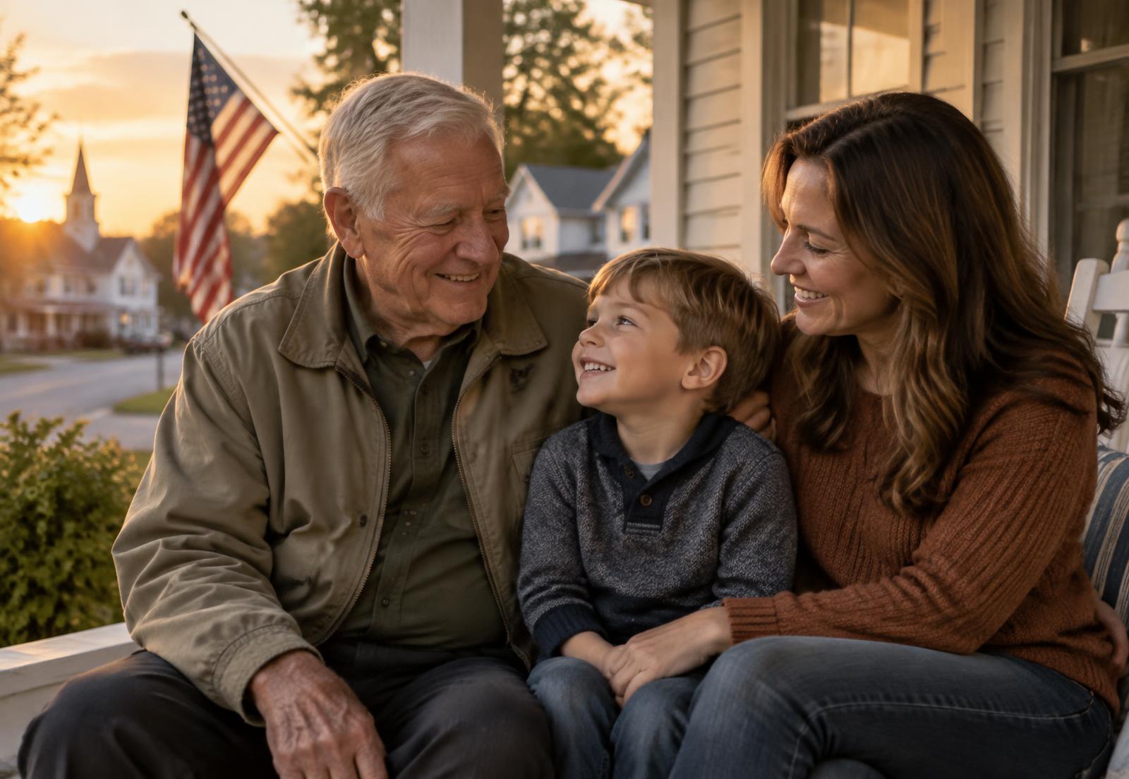 Veteran on a porch with his daughter and grandson